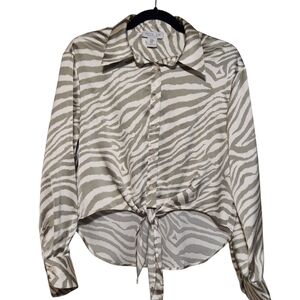 Rachel Zoe Olive Green And Cream Zebra Print Button-Down Shirt Medium